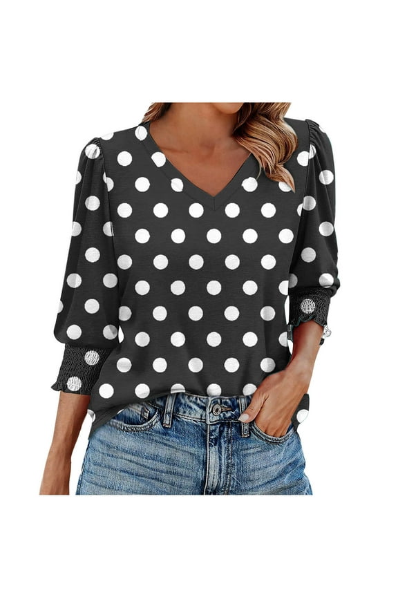 Women's Summer Tee Casual Puff 3/4 Sleeves with Smocked Cuffs Polka Dots Print T-shirt Soft Crew Neck Fashion Indoor Blouses(Black,L)