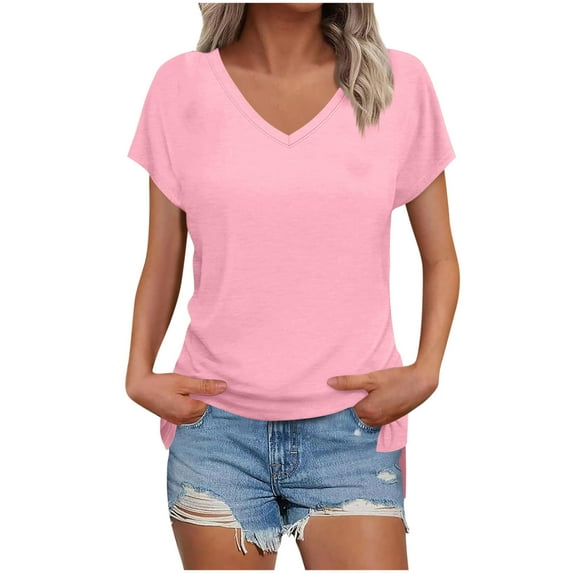 Fesfesfes Women's Summer Tee Outdoor V-Neck Slit Raglan Sleeves Short Sleeves Blouse Solid Color New Casual Sports Daily Wear T-shirt(Pink,2XL)