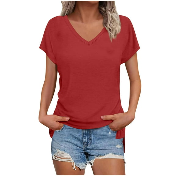 Fesfesfes Women's Summer Tee Outdoor V-Neck Slit Raglan Sleeves Short Sleeves Blouse Solid Color New Casual Sports Daily Wear T-shirt