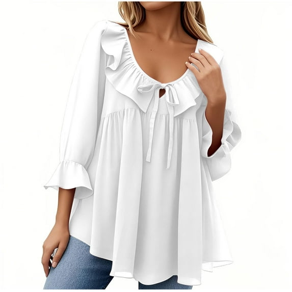 Fesfesfes Women's Summer Tops Casual Oversize Ruffled Bow Neck 3/4 Flounce Sleeves Tee Fashion Lightweight Business Work T-Shirt(White,L)
