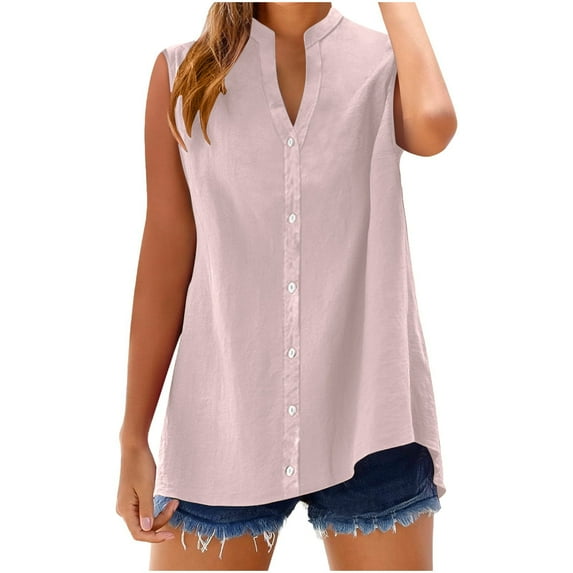 Fesfesfes Women's Summer Tops Sleeveless Mandarin Collar V-neck Solid Color Tank with Buttons Casual Loose Asymmetric Hem Outdoor Blouse(Pink,2XL)