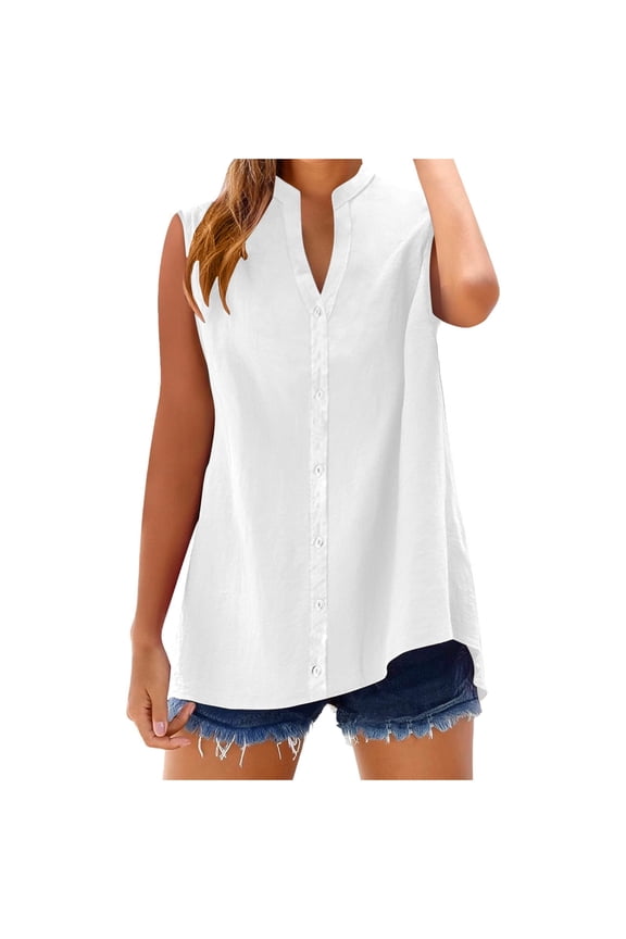 Women's Summer Tops Sleeveless Mandarin Collar V-neck Solid Color Tank with Buttons Casual Loose Asymmetric Hem Outdoor Blouse(White,3XL)