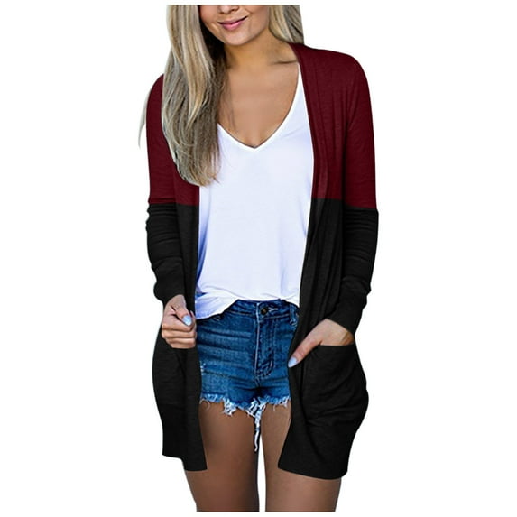 Fesfesfes Women's Sweater Cardigan Casual Patchwork Blouse Cardigan Casual Long Sleeve Outwear With Pocket Loose Tops Coat Clothes Sale