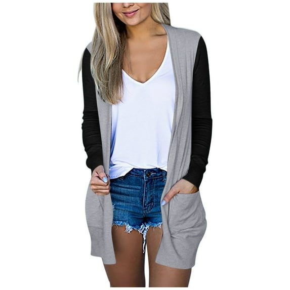 Fesfesfes Women's Sweater Cardigan Casual Patchwork Blouse Cardigan Casual Long Sleeve Outwear With Pocket Loose Tops Coat Tops on