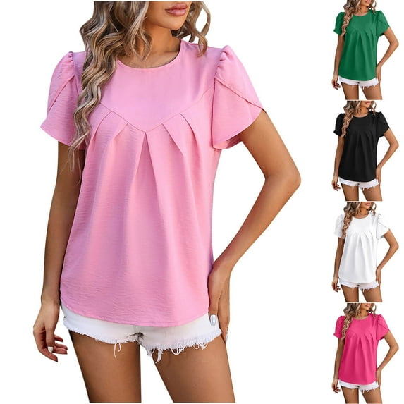 Fesfesfes Women's T-Shirts Women's Fashion Solid Round Neck Short Sleeves Casual T-Shirt Top Women Tops S(US:4)