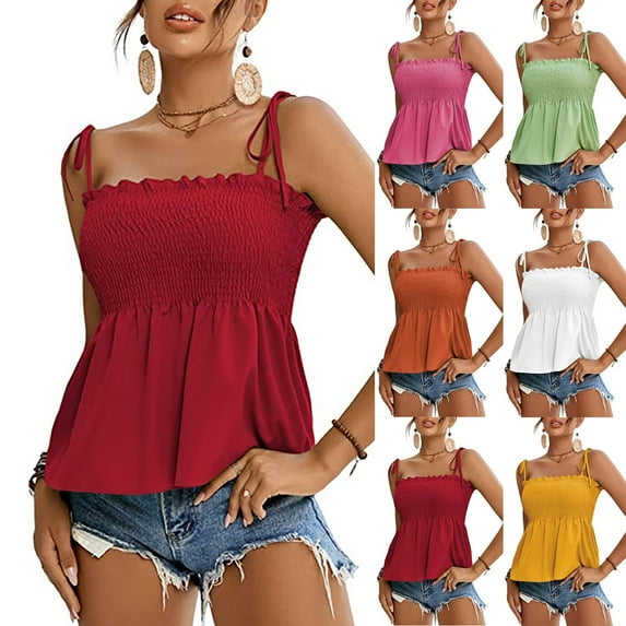 Fesfesfes Women's T Shirts Women's Suspender T-Shirt Solid Sleeveless Pleated Design Fashion Sexy Summer Tops Womens Vneck Tshirts 12(XXL)