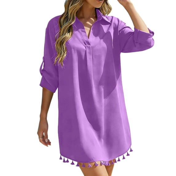 Fesfesfes Women's Tassel Hem Beach Cover Up Button Down Shirt Dress Oversized 3/4 Sleeve Swimsuit Cover Up Vacation Resort Wear Summer Bikini Beach Dress