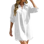 Fesfesfes Womens Tassel Hem Beach Cover Up Button Down Shirt Dress Oversized 3/4 Sleeve Swimsuit Cover Up Vacation Resort Wear Summer Bikini Beach Dress