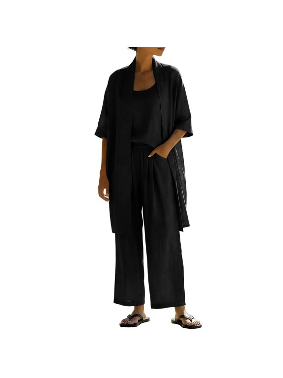 Women's Three Piece Outfit Set Open Front Cardigan Cami Top and Wide Leg Pants with Pockets Solid Color Cotton Linen for Fall Winter Wear