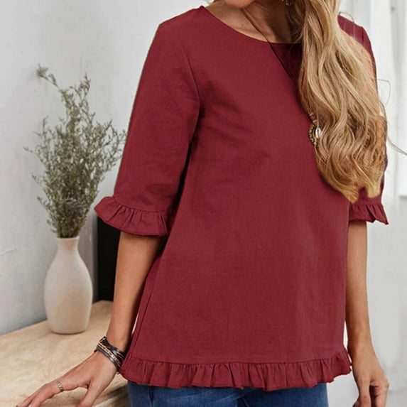 Fesfesfes Women's Tops Loose Solid Color Short Sleeve Blouse Round Neck Ruffles Casual Tops