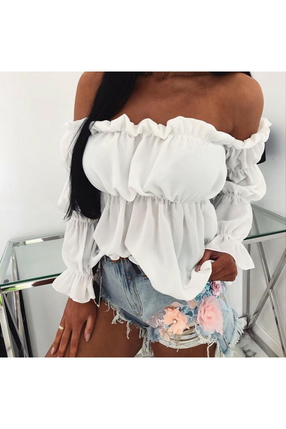 Women's Tops Off-Shoulder Long Sleeve Tops Strapless Solid Color Shirt Blouse Top