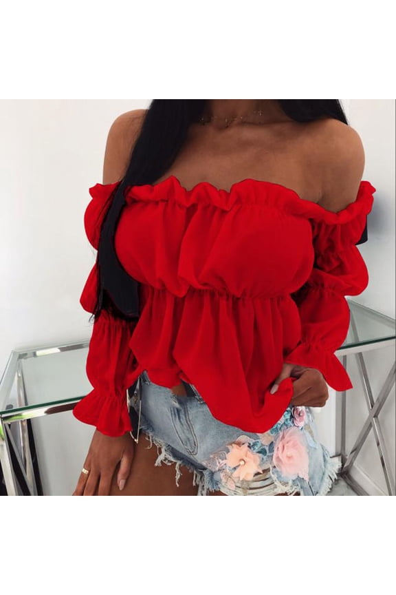 Women's Tops Off-Shoulder Long Sleeve Tops Strapless Solid Color Shirt Blouse Top