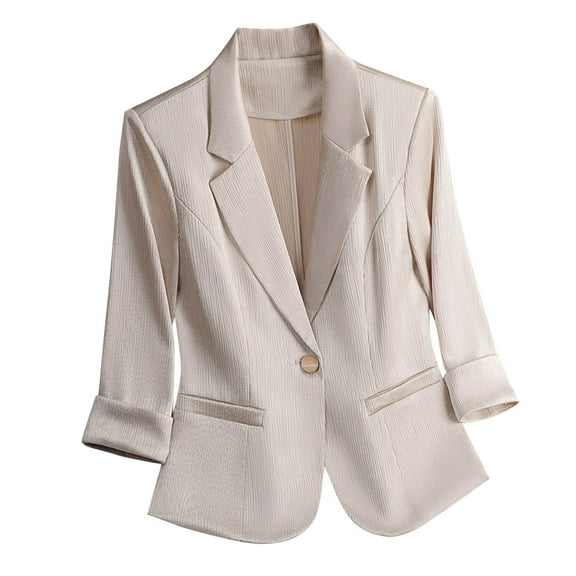Fesfesfes Women's Trendy Blazer Elegant Solid Color Notched Lapel Collar Open-Front Classic Suit with Buttons for Bussines Work Wearing(Beige#3,M)