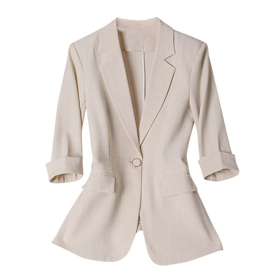 Fesfesfes Women's Trendy Blazer Elegant Solid Color Notched Lapel Collar Open-Front Classic Suit with Buttons for Bussines Work Wearing(Beige#4,L)