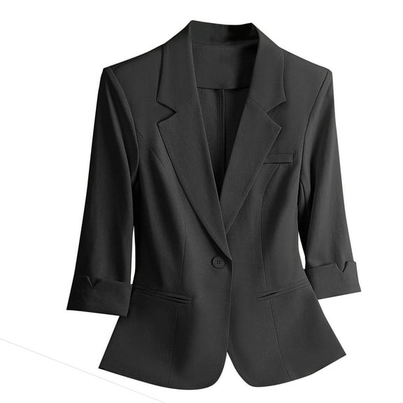 Fesfesfes Women's Trendy Blazer Elegant Solid Color Notched Lapel Collar Open-Front Classic Suit with Buttons for Bussines Work Wearing(Black#2,XL)