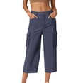 thumbnail image 1 of Fesfesfes Women's Trendy Britches Summer Solid Color High-Waisted Wide-Leg Pants Casual Loose Mid-Calf Length Trousers with Pockets(Navy#1,XL), 1 of 5