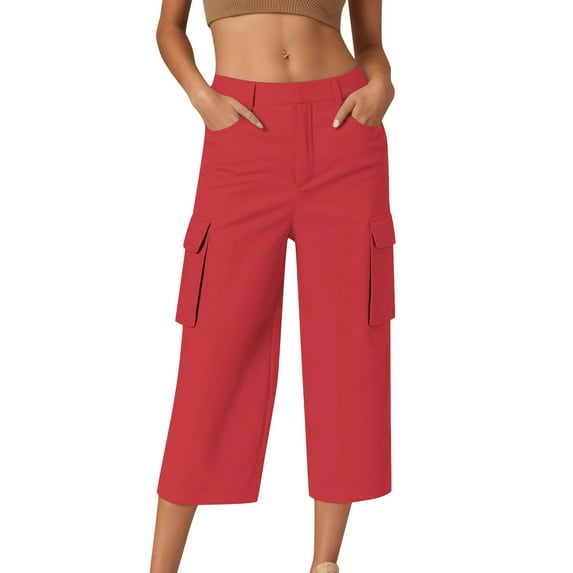 Fesfesfes Women's Trendy Britches Summer Solid Color High-Waisted Wide-Leg Pants Casual Loose Mid-Calf Length Trousers with Pockets(Red#1,S)