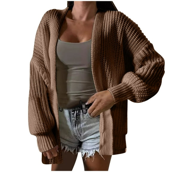 Fesfesfes Women's Trendy Cardigan Collarless Long Sleeves with Tapered Cuffs Open-Front Tops Soft Stretch Fabric for Casual Everyday Wearing(Coffee#3,S)