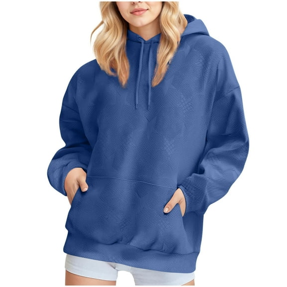 Fesfesfes Women's Trendy Hoodie 2025 Fall Winter Casual Solid Color Long Sleeve Round Neck Plain Tops with Pocket Thick Warmkeeping Blouse(Blue#2,L)