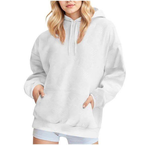 Fesfesfes Women's Trendy Hoodie 2025 Fall Winter Casual Solid Color Long Sleeve Round Neck Plain Tops with Pocket Thick Warmkeeping Blouse(White#2,S)