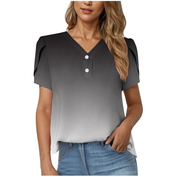 Fesfesfes Women's Trendy T-Shirt Summer Gradient Ramp Short Puff Sleeves V-Neck Tops Buttons Fashion Outdoor Pullover Blouses(Dark Gray,S)