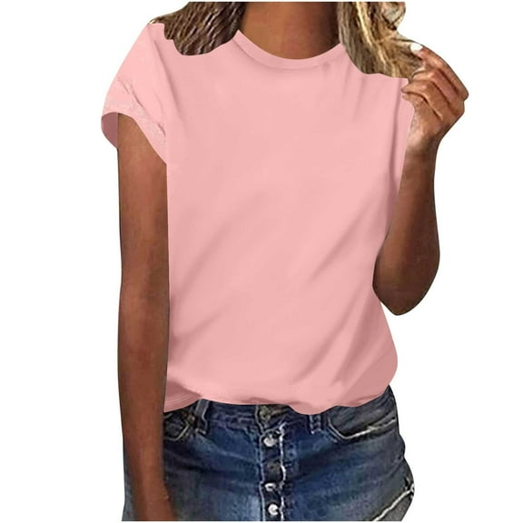 Fesfesfes Women's Trendy T-shirt Loose Comfortable Round Neck Cuffed Short Sleeve Blouses Summer Solid Color Fashion Tops Casual Daily Wear(Pink,S)