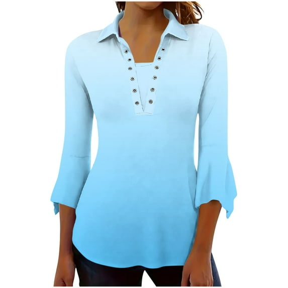 Fesfesfes Women's Trendy Tee Summer Solid Color Short Sleeves Lapel V-Neck T-shirt Sports Fashionable Comfortable Outdoor Tops(Blue,M)