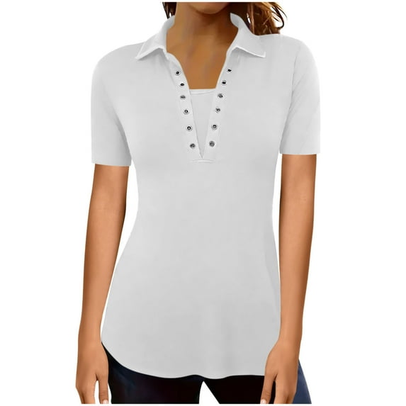 Fesfesfes Women's Trendy Tee 2025 Summer Solid Color Short Sleeves Lapel V-Neck T-shirt Sports Fashionable Comfortable Outdoor Tops(White,XL)