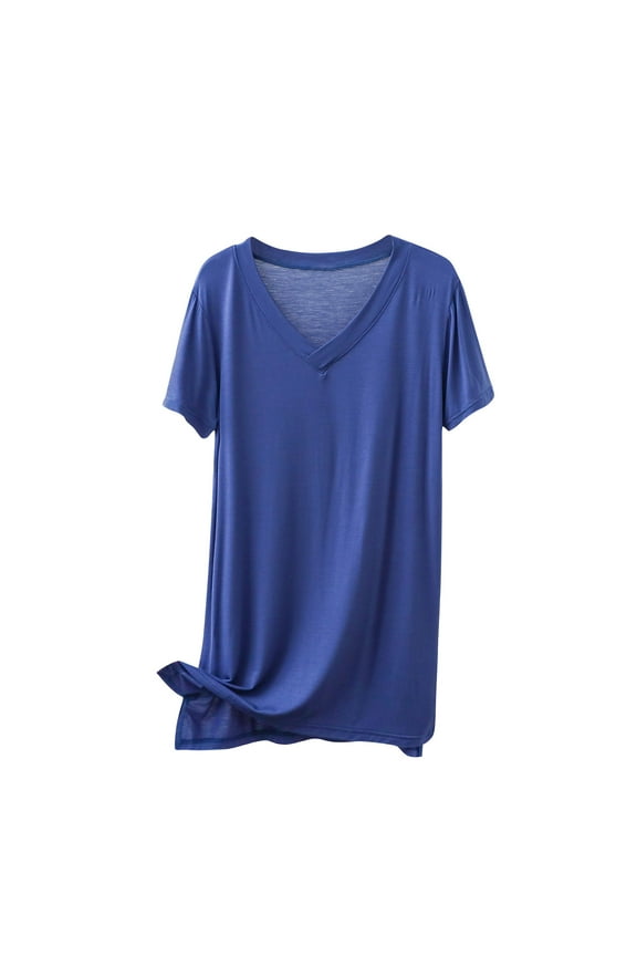 Women's Trendy Tee Casual Comfortable Sweet Base Solid Color T-Shirt Medium Length Short Sleeved Round Neck Summer Loose Tops(Blue,L)