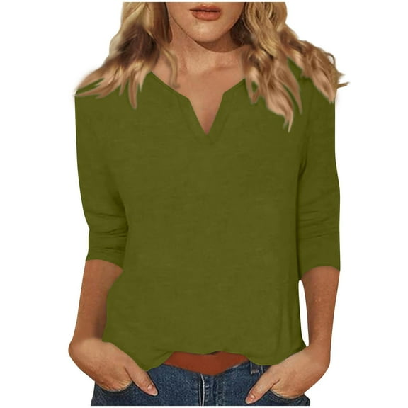 Fesfesfes Women's Trendy Tops Casual Lightweight Three-Quarter Sleeve V-Neck T-Shirt Pullover Contrast Color Blouse Suitable for Fall(Army Green#3,L)