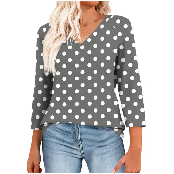 Fesfesfes Women's Trendy Tops Casual Lightweight Three-Quarter Sleeve V-Neck T-Shirt Pullover Contrast Color Blouse Suitable for Fall(Gray#1,L)