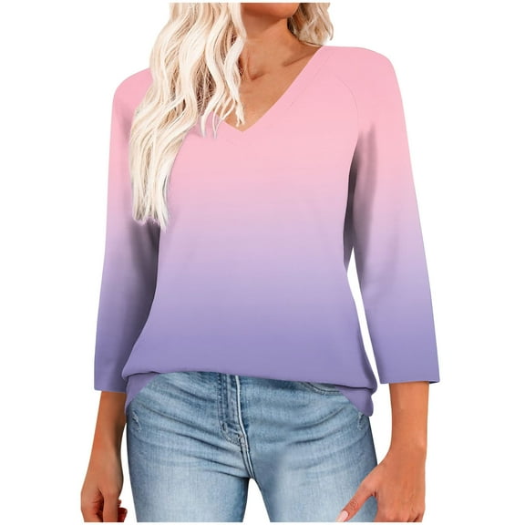 Fesfesfes Women's Trendy Tops Casual Lightweight Three-Quarter Sleeve V-Neck T-Shirt Pullover Contrast Color Blouse Suitable for Fall(Pink,S)