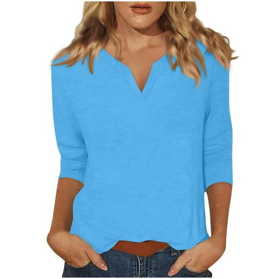 Fesfesfes Women's Trendy Tops Casual Lightweight Three-Quarter Sleeve V-Neck T-Shirt Pullover Contrast Color Blouse Suitable for Fall(Sky Blue#3,XL)