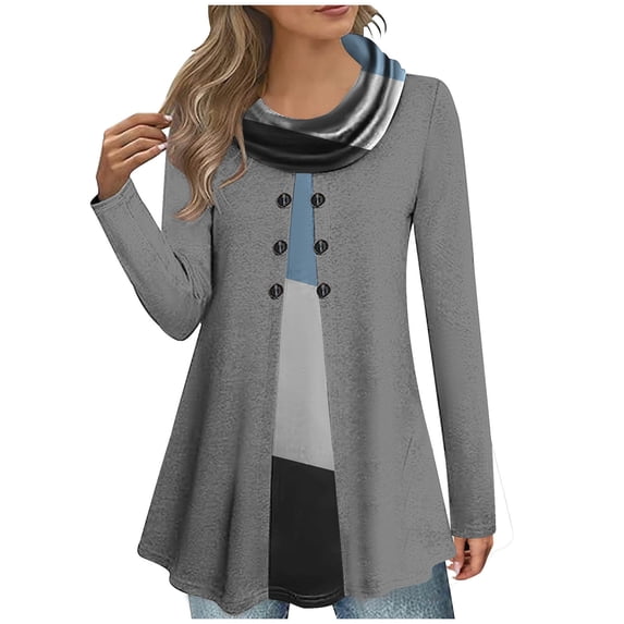 Fesfesfes Women's Tunic Tops Trendy Fall Casual Fake Two-Piece Decorative Color-Block Cowl Neck Blouses Ideal for Casual Outdoor Clothes(Light Blue,L)