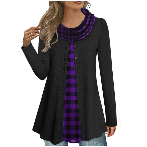 Fesfesfes Women's Tunic Tops Trendy Fall Casual Fake Two-Piece Decorative Color-Block Cowl Neck Blouses Ideal for Casual Outdoor Clothes(Purple#1,3XL)