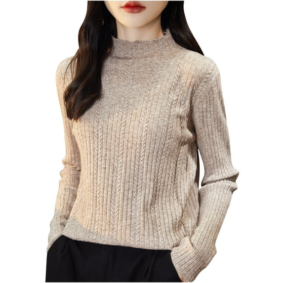 Fesfesfes Women's Turtleneck Knit Sweater Solid Color Long Loose Sleeve Round Neck Blouses Warm Ribbed Neckline Cuffs Cozy for Fall Winter(Brown#5,XL)