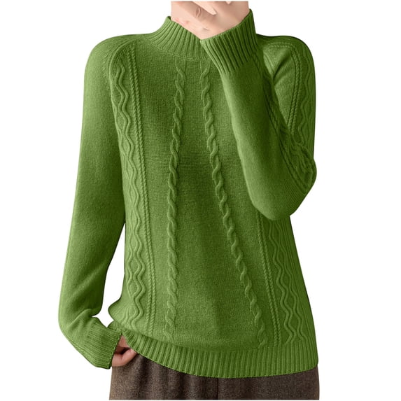 Fesfesfes Women's Turtleneck Knit Sweater Solid Color Long Loose Sleeve Round Neck Blouses Warm Ribbed Neckline Cuffs Cozy for Fall Winter(Green#3,XL)