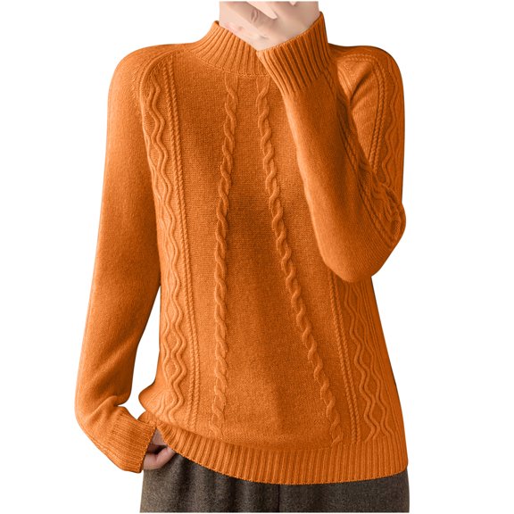 Fesfesfes Women's Turtleneck Knit Sweater Solid Color Long Loose Sleeve Round Neck Blouses Warm Ribbed Neckline Cuffs Cozy for Fall Winter(Orange#4,2XL)