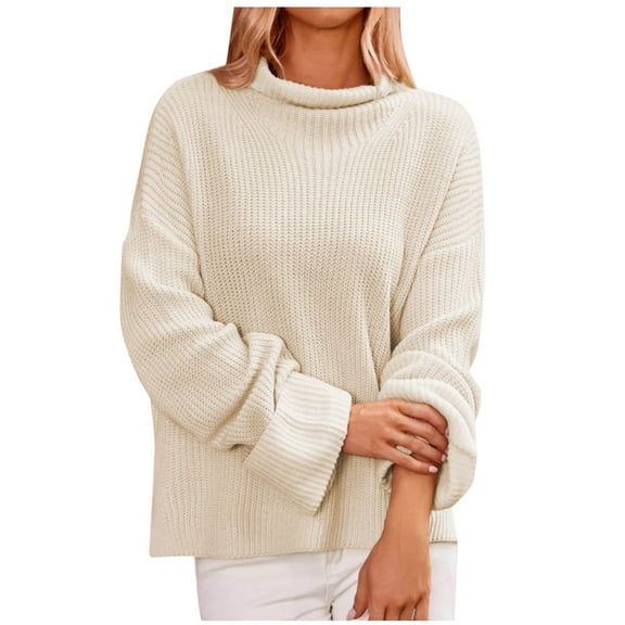 Fesfesfes Women's Turtleneck Knit Sweater Solid Color Long Loose Sleeve Round Neck Blouses Warm Ribbed Neckline Cuffs Cozy for Fall Winter(Beige,XL)