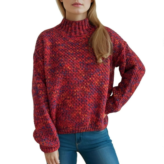 Fesfesfes Women's Turtleneck Knit Sweater Solid Color Long Loose Sleeve Round Neck Blouses Warm Ribbed Neckline Cuffs Cozy for Fall Winter(Red#1,L)