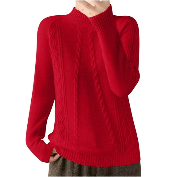 Fesfesfes Women's Turtleneck Knit Sweater Solid Color Long Loose Sleeve Round Neck Blouses Warm Ribbed Neckline Cuffs Cozy for Fall Winter(Red#4,S)