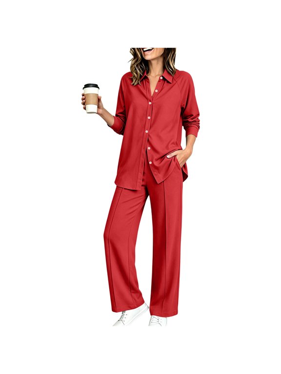 Women's Two Piece Outfit Set Long Sleeve Top and Wide Leg Pants with Pockets Elastic Waist Solid Color Fall Winter Daily Wear Cozy Soft