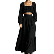 Fesfesfes Women's Two Piece Outfit Set Square Neck Long Sleeve Crop Top and High Waist Maxi Skirt Solid Color for Fall Winter Daily Wear Cozy