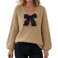 thumbnail image 1 of Fesfesfes Women's V-Neck Bow Decorated Knit Sweater with RibbedLong Sleeve Soft Warm Cozy Casual Pullover Top for Fall Winter Daily Wear, 1 of 5