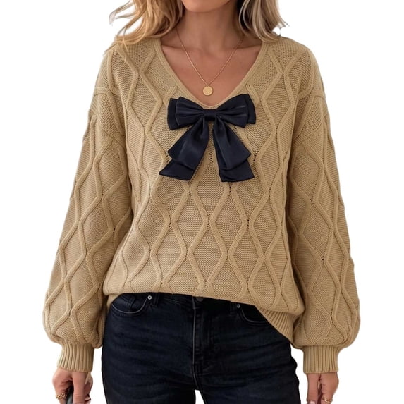 Fesfesfes Women's V-Neck Bow Decorated Knit Sweater with RibbedLong Sleeve Soft Warm Cozy Casual Pullover Top for Fall Winter Daily Wear