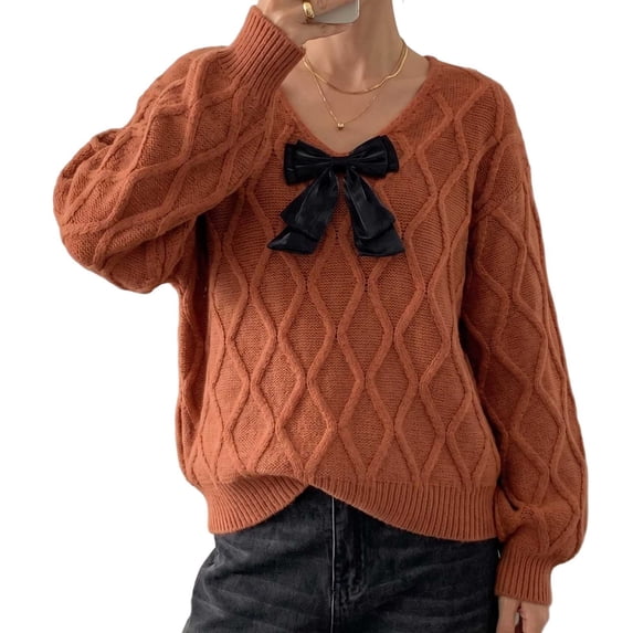 Fesfesfes Women's V-Neck Bow Decorated Knit Sweater with RibbedLong Sleeve Soft Warm Cozy Casual Pullover Top for Fall Winter Daily Wear