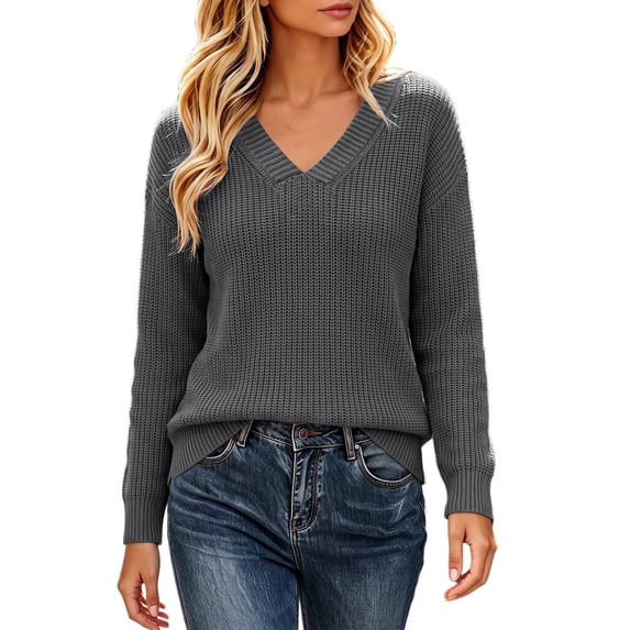 Fesfesfes Women's V-Neck Drop Shoulder Knit Sweater with Side Slit Long Sleeve Loose Fit Solid Color Soft Warm Casual Pullover Top for Fall Winter Daily Wear