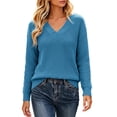 thumbnail image 1 of Fesfesfes Women's V-Neck Drop Shoulder Knit Sweater with Side Slit Long Sleeve Loose Fit Solid Color Soft Warm Casual Pullover Top for Fall Winter Daily Wear, 1 of 9