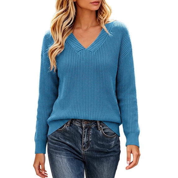 Fesfesfes Women's V-Neck Drop Shoulder Knit Sweater with Side Slit Long Sleeve Loose Fit Solid Color Soft Warm Casual Pullover Top for Fall Winter Daily Wear