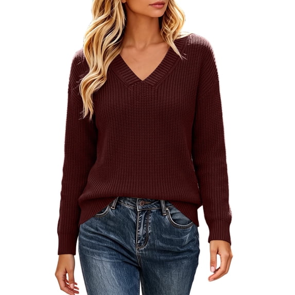 Fesfesfes Women's V-Neck Drop Shoulder Knit Sweater with Side Slit Long Sleeve Loose Fit Solid Color Soft Warm Casual Pullover Top for Fall Winter Daily Wear